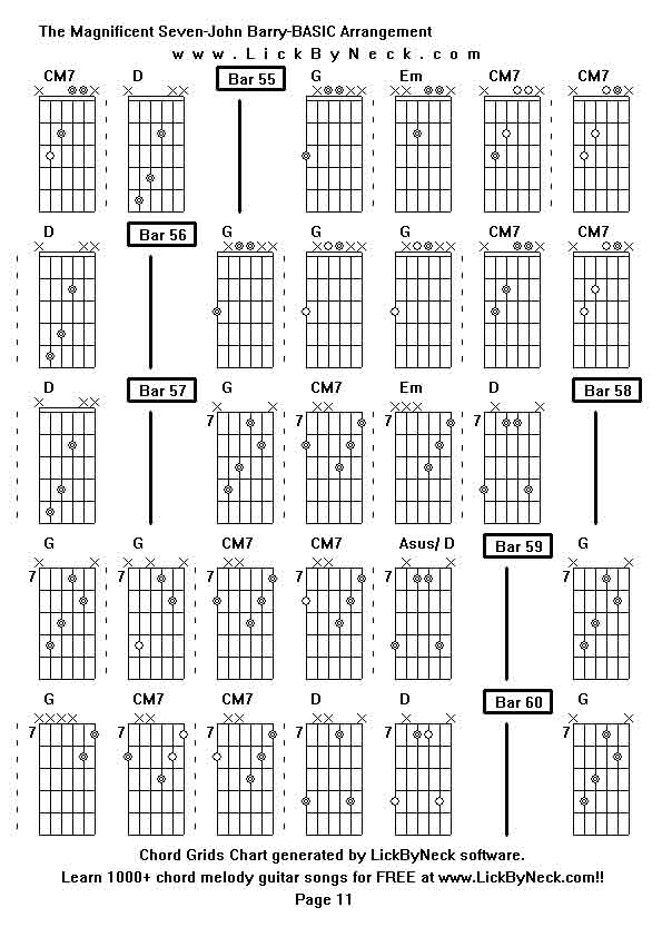 Chord Grids Chart of chord melody fingerstyle guitar song-The Magnificent Seven-John Barry-BASIC Arrangement,generated by LickByNeck software.